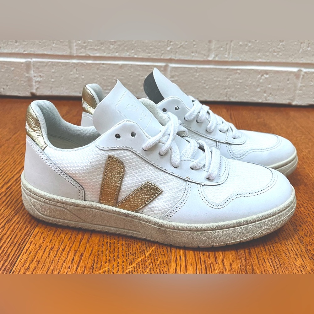 Veja V-12 sneakers, white with gold trim